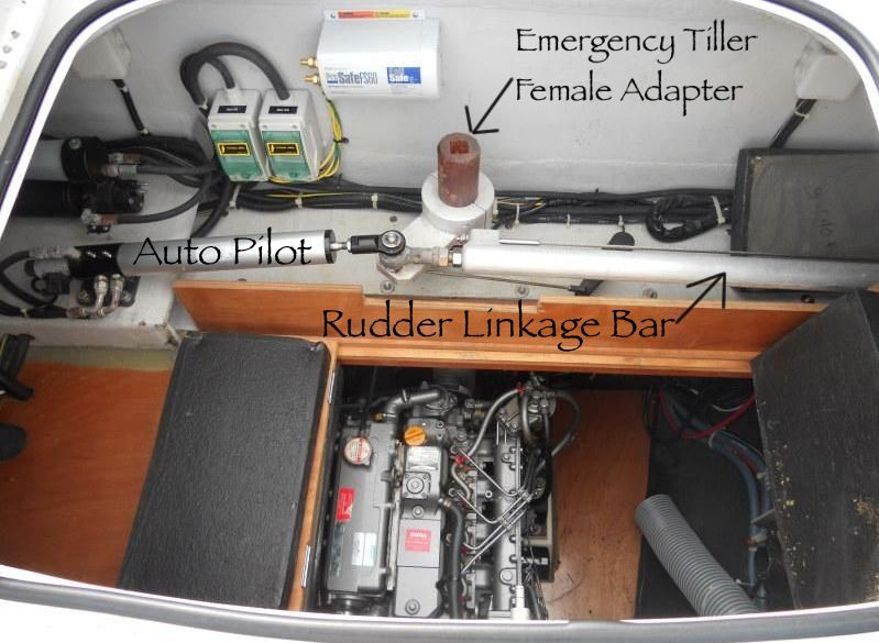 Steering Linkage Labeled in Port Engine Compartment of Lagoon 440